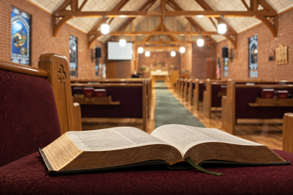 An open Bible on a burgundy sanctuary pew