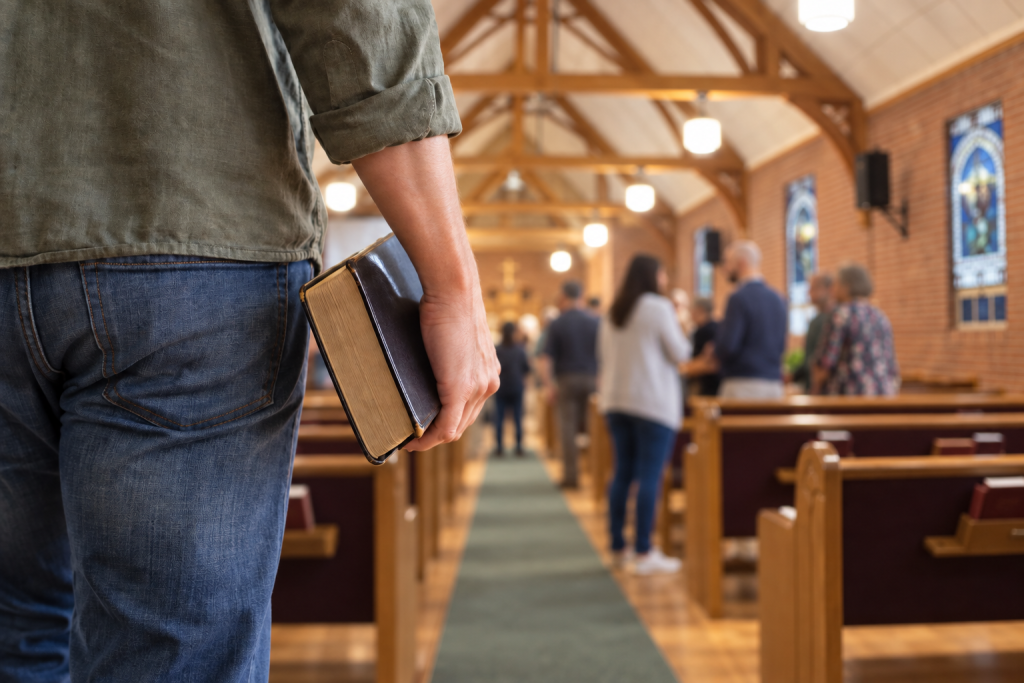 Arriving with a Bible in the sanctuary aisle